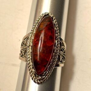 Vintage Baltic Amber Cocktail Ring with large oval stone silver tone setting
